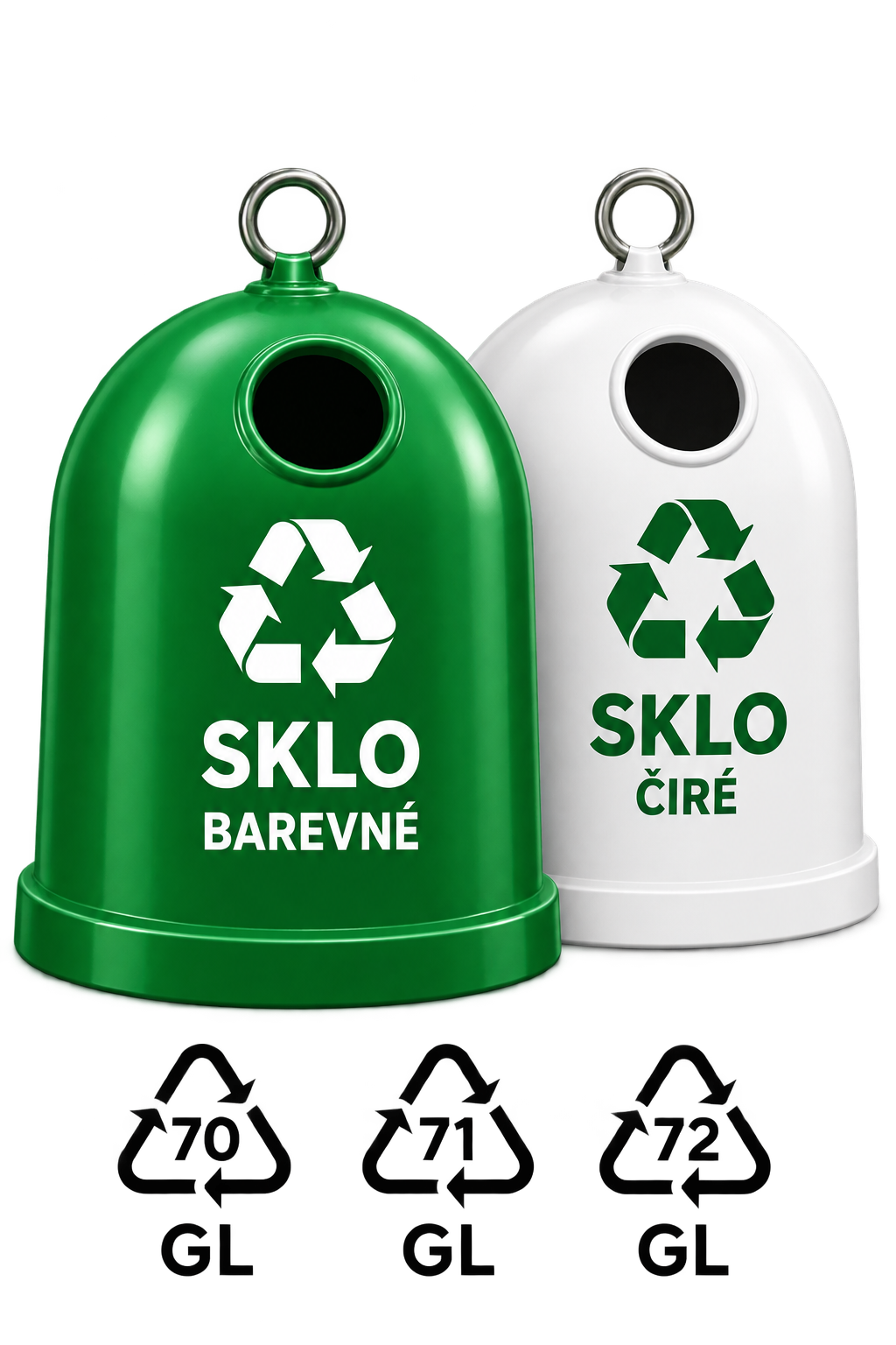 Bílý a zelený kontejner na sklo