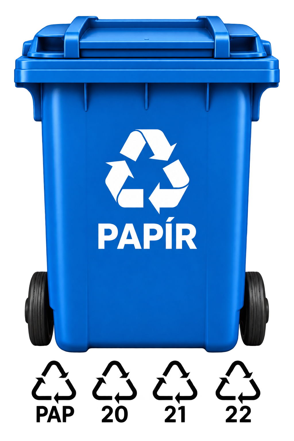 Modrý kontejner na papír a recyklační značky PAP 20, 21 a 22